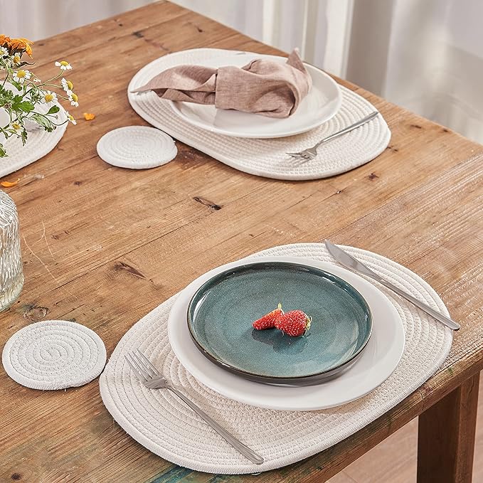 Placemats Set of 6 Oval – Woven Boho Farmhouse Table Mats for Dining Table for 6, Kitchen Decor, Washable and Handmade Rustic Table Accessories (16 * 12 Plus 6 Coasters, Off White)