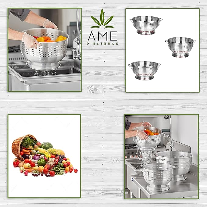 (8-QT) Aluminum Colander with Handles and Base Heavy Duty Commercial Grade