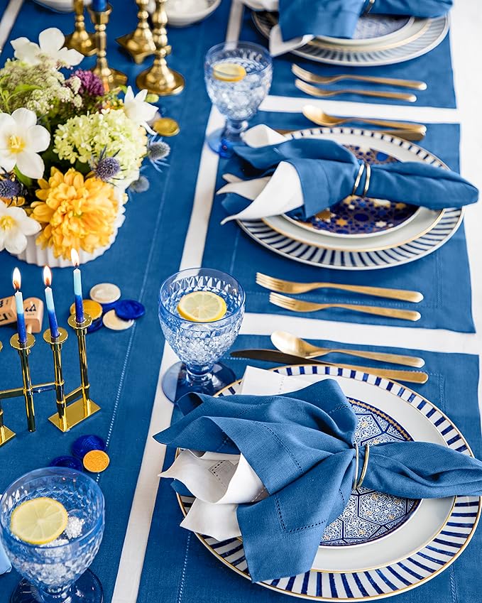 Solino Home Linen Placemats Set of 4 - Classic Hemstitch Indigo Blue Placemats 14 x 19 Inch - 100% Pure Linen Table Mats for Holiday, Winter, New Year