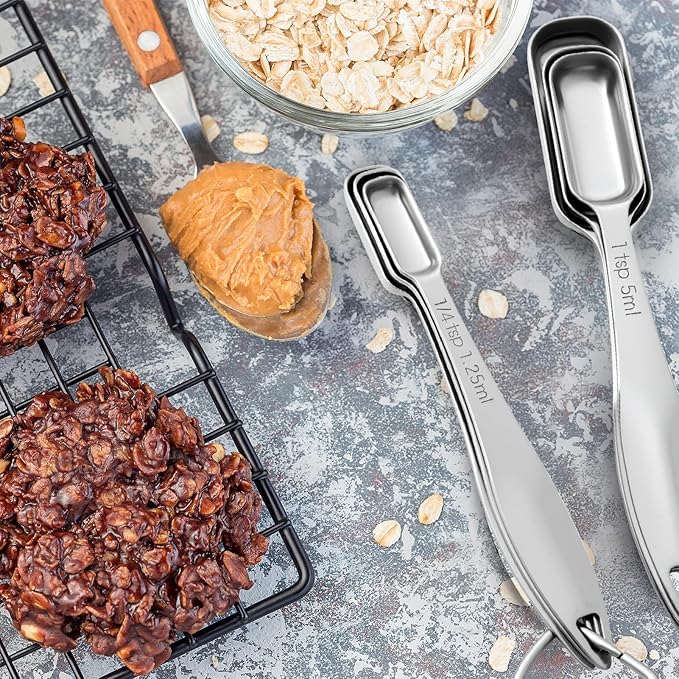 FANGSUN Stainless Steel Narrow Measuring Spoons, Metal Measuring Spoons with Long Handle and Engraved Measurements Set of 6, For Dry or Liquid, Fits in Spice Jar