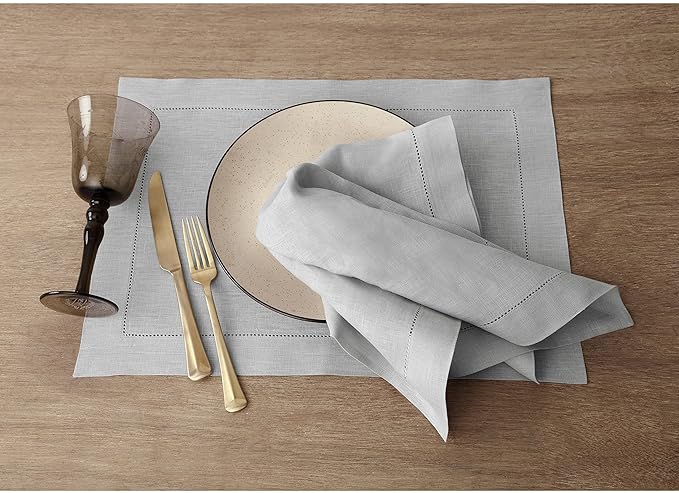 Solino Home Linen Placemats Set of 4 - Classic Hemstitch Soft Grey Placemats 14 x 19 Inch - 100% Pure Linen Table Mats for Winter, New Year