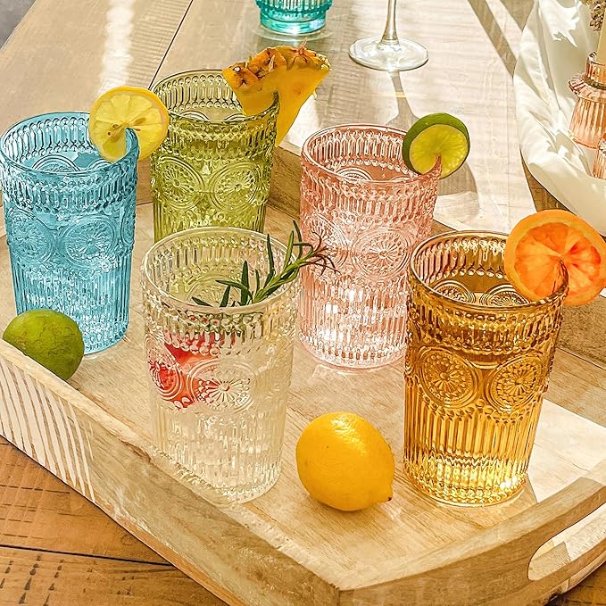 Kate Aspen Vintage Textured Aqua Blue Striped Drinking Glasses Set of 6-13 oz Ribbed Glassware with Flower Design | Cocktail Set, Juice Glass, Water Tumbler