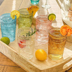 Kate Aspen Vintage Textured Aqua Blue Striped Drinking Glasses Set of 6-13 oz Ribbed Glassware with Flower Design | Cocktail Set, Juice Glass, Water Tumbler