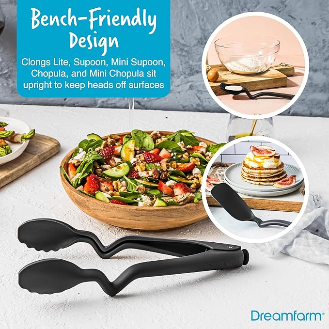 Dreamfarm Everyday Kitchen Essentials (Black) - Clongs Lite Click‑Lock Tongs, Supoon & Mini Supoon Scraper Spoons, Chopula & Mini Chopula Spatulas – Heat‑Resistant Nylon/Silicone for Cooking & Baking