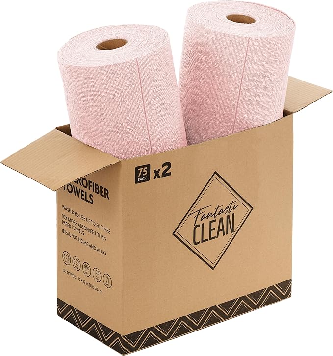 Fantasticlean Microfiber Cleaning Cloth Roll -150 Pack, Tear Away Microfiber Towels, 12" x 12", Reusable, Washable, Ultra Absorbent Dishcloth for Home Supplies, Car, Pet, Kitchen (2 Rolls of Pink)