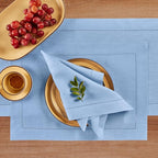 Solino Home Linen Cloth Placemats Set of 4-100% Pure Linen Hemstitch Cornflower Blue Placemats 14 x 19 Inch - Classic Hemstitch Table Place Mats for Holiday, New Year