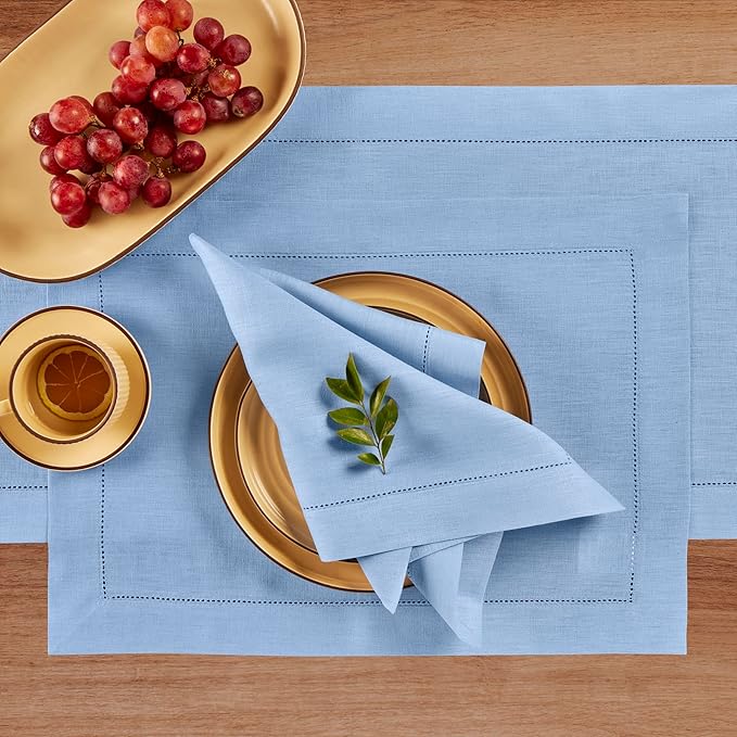 Solino Home Linen Cloth Placemats Set of 4-100% Pure Linen Hemstitch Cornflower Blue Placemats 14 x 19 Inch - Classic Hemstitch Table Place Mats for Holiday, New Year