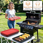 Serving Trays for Party - Set of 4, Large Serving Platters for Raw and Cooked Food, Dishwasher Safe, 17×10.5-inch Stackable Plastic Party Supplies for Grilling, BBQ, Meal Prep (Red, Black)