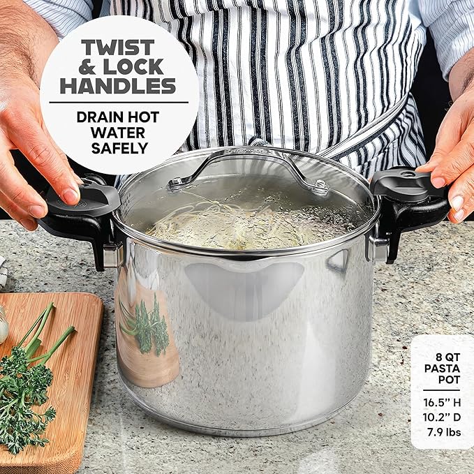 GOTHAM STEEL 8 Qt Nonstick Pasta Pot with Strainer Lid, Stainless Steel Stock Pot, Twist & Lock Handles, 2 Strainer Sizes, PFOA Free, for Soup & Spaghetti, Induction Ready, Oven & Dishwasher Safe