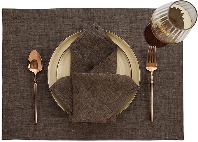Solino Home Linen Placemats Set of 4-100% Pure Linen Chambray Brown Cloth Placemats 14 x 19 Inch - Athena