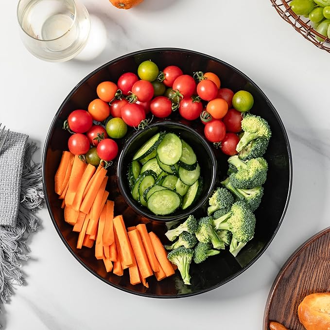 LEHAHA Porcelain Chip and Dip tray, set of 2, Ceramic Divided Serving Tray for Parties, Round Dip Platter and Salsa bowl Perfect for chips, salsa, candy, olives, nuts, fruit and veggies, Bright Black