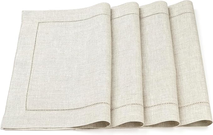 D'Moksha Homes Light Natural Linen Cloth Placemats Set of 4-100% Pure Linen Hemstitch Placemats 14 x 19 Inch - Classic Hemstitch Table Place Mats for Valentines - Handcrafted, Machine Washable
