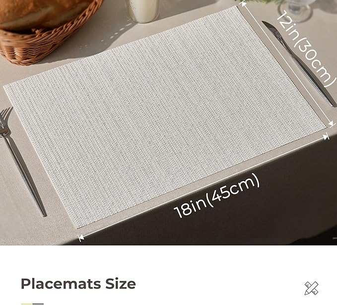 Leetaltree Luxury White and Silver Woven Placemats Set of 12 - Waterproof Washable Textured Table Mats for Wedding, Anniversary, Daily Use - Sparkling Metallic Thread Table Decor - Hand-Cut