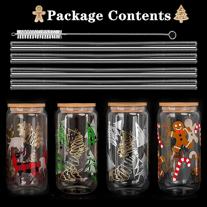 Christmas Cups, 18oz Christmas Iced Coffee Glass Cups with Lids and Straws White Elephant Gifts for Adults Colorful Xmas Tree Elk Tumbler Drinking Glasses Christmas Teacher Gifts for Women Men