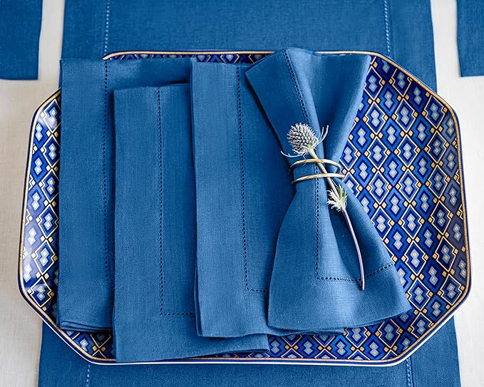 Solino Home Linen Napkins Set of 4 - Classic Hemstitch 100% Pure Linen Indigo Blue Dinner Napkins Cloth 20 x 20 Inch for New Year - Handcrafted and Machine Washable