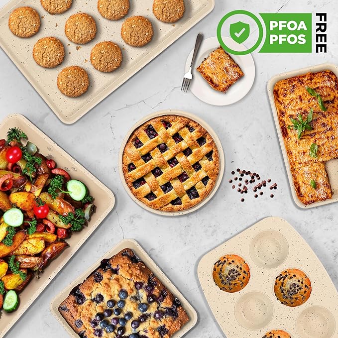 NutriChef 8-Piece Stackable Bakeware Set | Carbon Steel Non-Stick Baking Pan Set | Includes Sheet, Muffin, Round, Loaf, Square Cake & Deep Pans | No PFOA & PFOS | Oven Safe to 450 F | Marble Cream