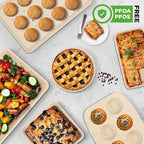NutriChef 8-Piece Stackable Bakeware Set | Carbon Steel Non-Stick Baking Pan Set | Includes Sheet, Muffin, Round, Loaf, Square Cake & Deep Pans | No PFOA & PFOS | Oven Safe to 450 F | Marble Cream