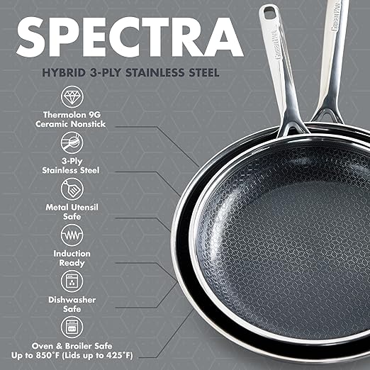 GreenPan Spectra 10 Piece Cookware Set,Hybrid Tri-Ply Stainless Steel, PFAS-Free Ceramic Nonstick Textured Cooking Surface,Induction Pots & Pans with Lids, Dishwasher Safe,Oven & Broiler Temp to 850˚F