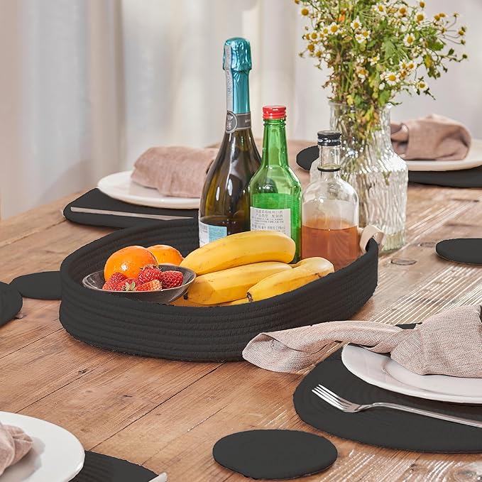 Placemats Set of 6 Oval – Woven Boho Farmhouse Table Mats for Dining Table for 6, Kitchen Decor, Washable and Handmade Rustic Table Accessories (Oval Plus 6 Coasters, Black)