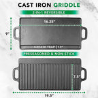ProSource 2-in-1 Reversible 19.5” x 9” Cast Iron Griddle with Handles, Preseasoned & Non-Stick for Gas Stovetop, Oven and Open Fire.