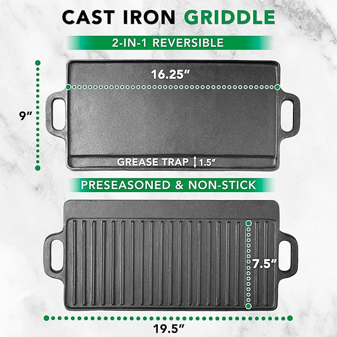 ProSource 2-in-1 Reversible 19.5” x 9” Cast Iron Griddle with Handles, Preseasoned & Non-Stick for Gas Stovetop, Oven and Open Fire.