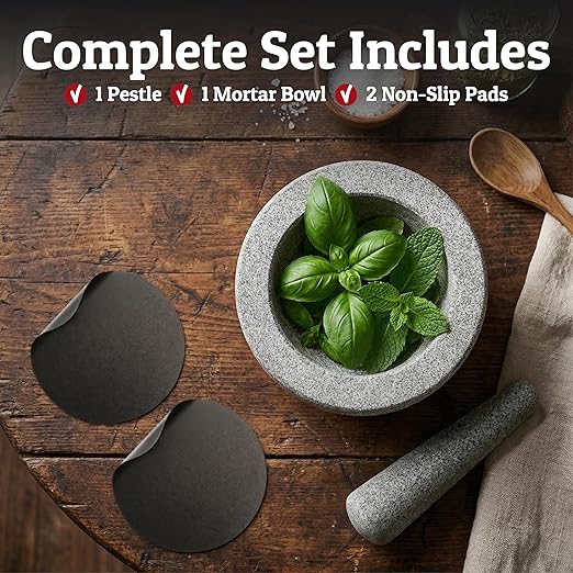 Priority Chef Heavy Duty Extra Large Mortar and Pestle Set, 4 Cup, Hand Carved from Natural Granite, Make Fresh Guacamole, Salsa, Pesto, Stone Grinder Bowl, Herb Crusher, Spice Grinder, Grey