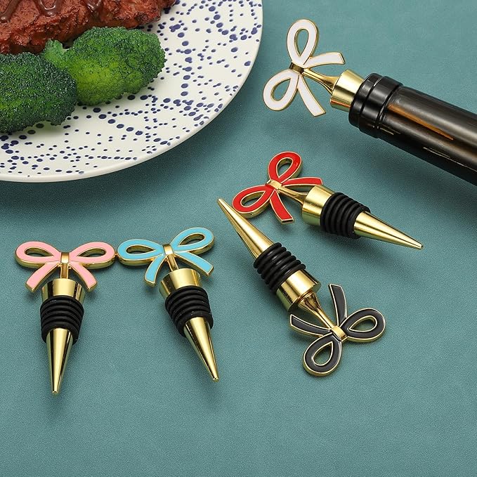 uxcell 2 Pcs Bow Wine Stopper, Reusable Wine Stoppers Airtight Leak-proof Bottle Plugs Liquor Saver Beer Beverage Glass Bottles Stopper for Bar Holiday Party Home Decor, Gold-Red