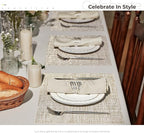 Leetaltree Luxury Beige and Gold Woven Placemats Set of 8 - Waterproof Washable Textured Table Mats for Wedding, Anniversary, Daily Use - Sparkling Metallic Thread Table Decor - Hand-Cut