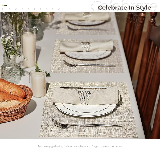 Leetaltree Luxury Beige and Gold Woven Placemats Set of 8 - Waterproof Washable Textured Table Mats for Wedding, Anniversary, Daily Use - Sparkling Metallic Thread Table Decor - Hand-Cut