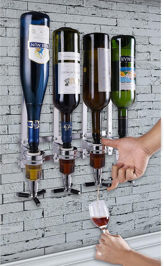 4 Bottle Wall Mounted Liquor Dispenser Bar Butler Bracket Solo Optic Spirit Wine Beer Alcohol Bottle Beverage Stand Revolving Nozzle Drinkware Set