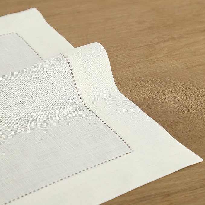 Solino Home Linen Placemats Set of 4 - Classic Hemstitch Ivory Placemats 14 x 19 Inch - 100% Pure Linen Table Mats for Holiday, New Year