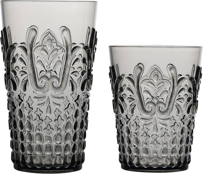 KLIFA- BLOIS- 15.2 & 20.5 ounce, Set of 8, Acrylic Tumbler & Highball Drinking Glasses Cups, BPA-Free, Stackable Plastic Drinkware, Dishwasher Safe, Vintage Looking Cups, Gray-Black