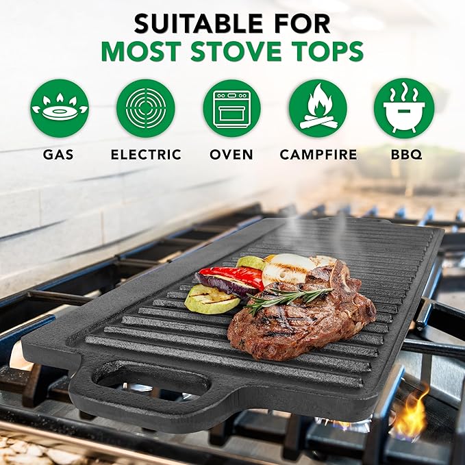 ProSource 2-in-1 Reversible 19.5” x 9” Cast Iron Griddle with Handles, Preseasoned & Non-Stick for Gas Stovetop, Oven and Open Fire.