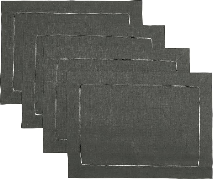 D'Moksha Homes Linen Placemats Set of 4 - Classic Hemstitch Charcoal Grey Placemats 14 x 19 Inch - 100% Pure Linen Table Mats for Holiday, New Year - Handcrafted and Machine Washable
