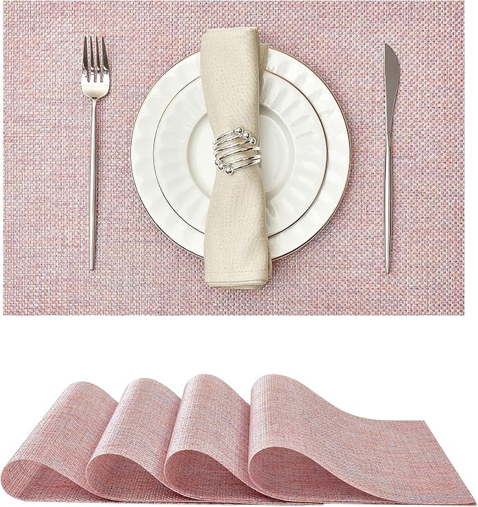 Leetaltree Luxury Pink Iridescent Placemats Set of 4 - Waterproof Washable for Wedding, Anniversary, Festive and Daily Use - Sparkling Table Mats Table Decor - Hand-Cut