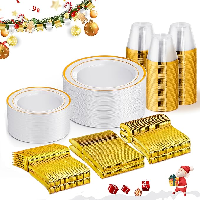 WELLIFE 300 PCS Gold Dinnerware Set for 50 Guests, Gold and White Disposable Plastic Plates for Party, 50 Dinner & Salad Plates, 50 Cups Forks Knives Spoons for Wedding and Party Supplies