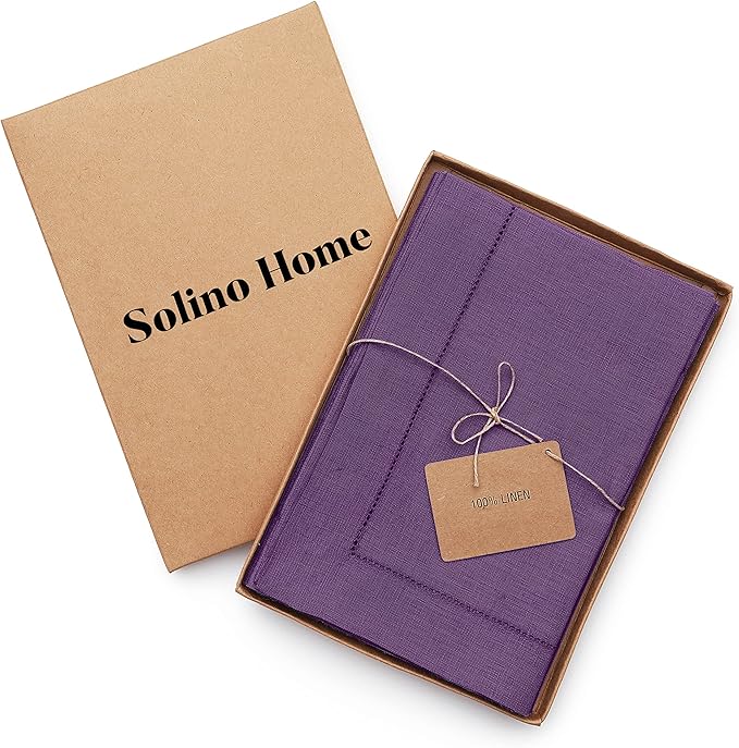 Solino Home Purple Linen Napkins Set of 6-100% Pure Linen Hemstitch Dinner Napkins 20 x 20 Inch for Valentines, New Year - Classic Hemstitch