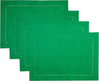 D'Moksha Homes Linen Placemats Set of 4 - Classic Hemstitch Kelly Green Placemats 14 x 19 Inch - 100% Pure Linen Table Mats for Winter, Holiday, New Year - Handcrafted and Machine Washable