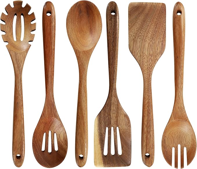 Elama 7 Piece Acacia Wood Kitchen Cooking Utensil Set and Rotating Kitchen Utensil Crock, Cooking Tools, Kitchen Utensils, Countertop Storage (7 Piece Slotted)