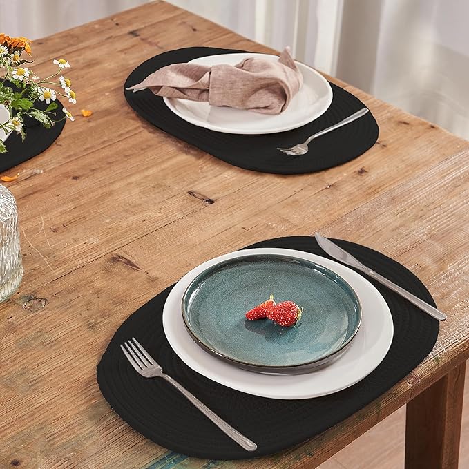 Placemats Set of 6 Oval – Woven Boho Farmhouse Table Mats for Dining Table for 6, Kitchen Decor, Washable and Handmade Rustic Table Accessories(Oval, Black)