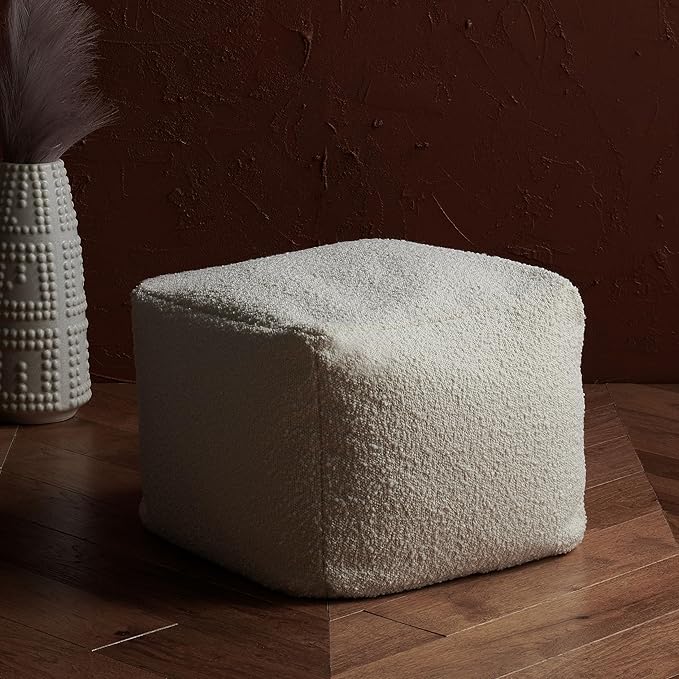 SAFAVIEH Couture Collection Samuels Ivory Boucle Ottoman Square Pouf (Fully Assembled)