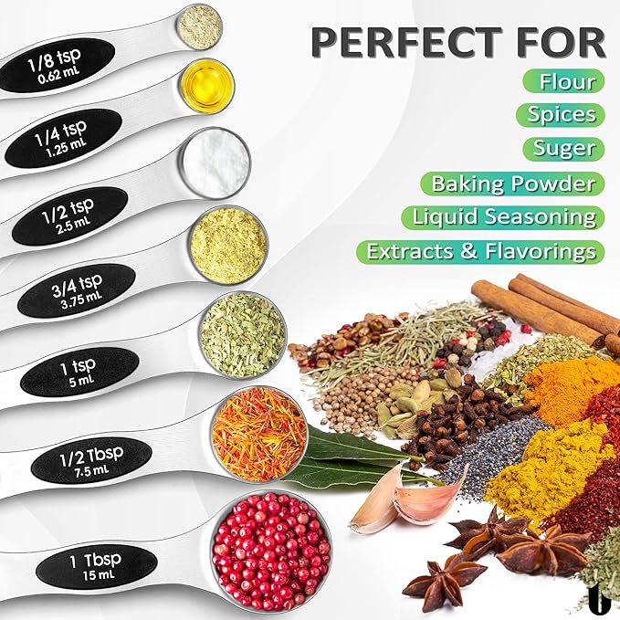 Urbanstrive 8 Pcs Upgraded Magnetic Measuring Spoons Set Stainless Steel Dual Sided for Liquid Dry Food Measuring Cups Spoons Set Fits in Spice Jar Kitchen Gadgets Including Leveler, Silver