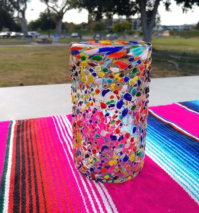 Hand Blown Mexican Drinking Glasses - Set of 6 Confetti Rock Design Glasses (14 oz each)