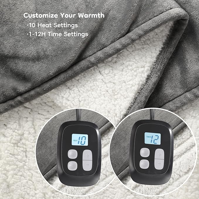 Electric Heated Blanket Queen Size - 84"x90", Soft Flannel Heating Blanket, 10 Heating Levels, 1-12 H Auto Shut Off, Dual Controllers, Breathable Warm and Washable for Bed, Light Grey