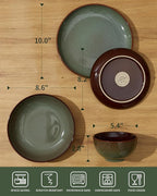 Pokini 32 Piece Double Bowl Dinnerware Sets with Pasta Bowls, Highly Chip and Crack Resistant Plates and Bowls Sets, Natural Earthyware Ceramic Dishware Sets, Service for 8 Sage Green