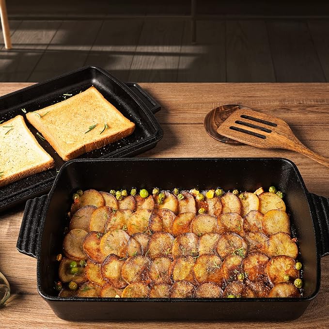 Northriver Casting 2-In-1 Pre Seasoned Cast Iron Dutch Oven With Skillet Lid,Casserole Dish,Rectangular Baking Pan,Griddle Pot Set, 6QT, 9"x13"