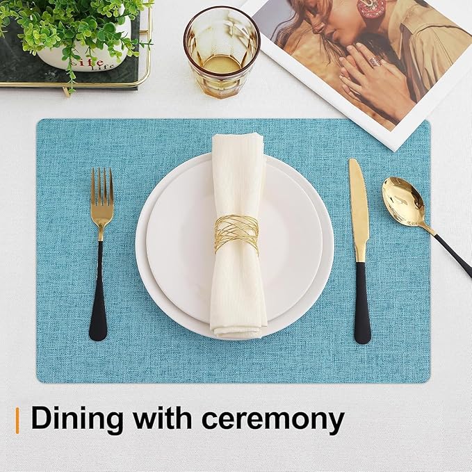 Homaxy Cloths Placemats for Dining Table Set of 4, Heat Resistant Washable Cotton Linen Blend Table Mats, Easy to Clean Place Mats for Indoor Outdoor Party Kitchen Decoration, 13" x 19", Aqua