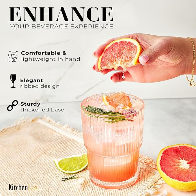 Kitchen Lux Ribbed Drinking Glasses - Ribbed Glass Cups 15 oz - Ribbed Glassware Set of 6 - Textured Vintage Retro Ripple Aesthetic Glass Ware for Whiskey Cocktail Beer Water, Coffee Bar Accessories