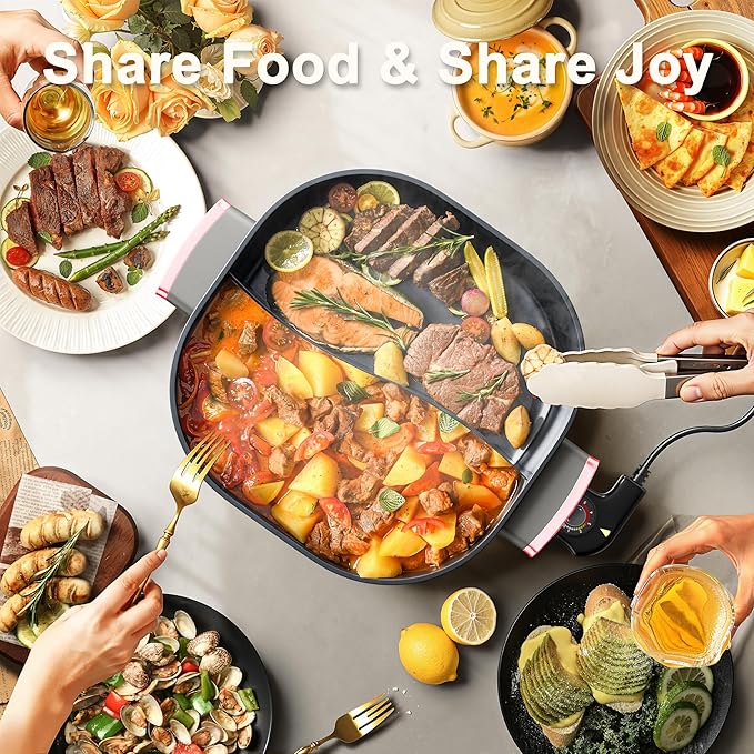 Stariver 6L Electric Hot Pot with Divider, 1300W, Dual-Flavor Pot for Two Broths, 5-Temp Control & Non-Stick Coating, Electric Pot for Shabu Shabu, Fondue, Perfect for Family Gatherings & Parties