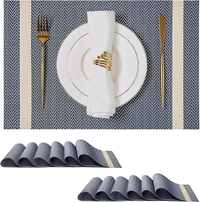 Leetaltree Luxury Dark Blue Placemats with Gold Stripes Placemats Set of 12 - Waterproof Washable for Wedding, Anniversary, Daily Use - Sparkling Table Decor - Hand-Cut